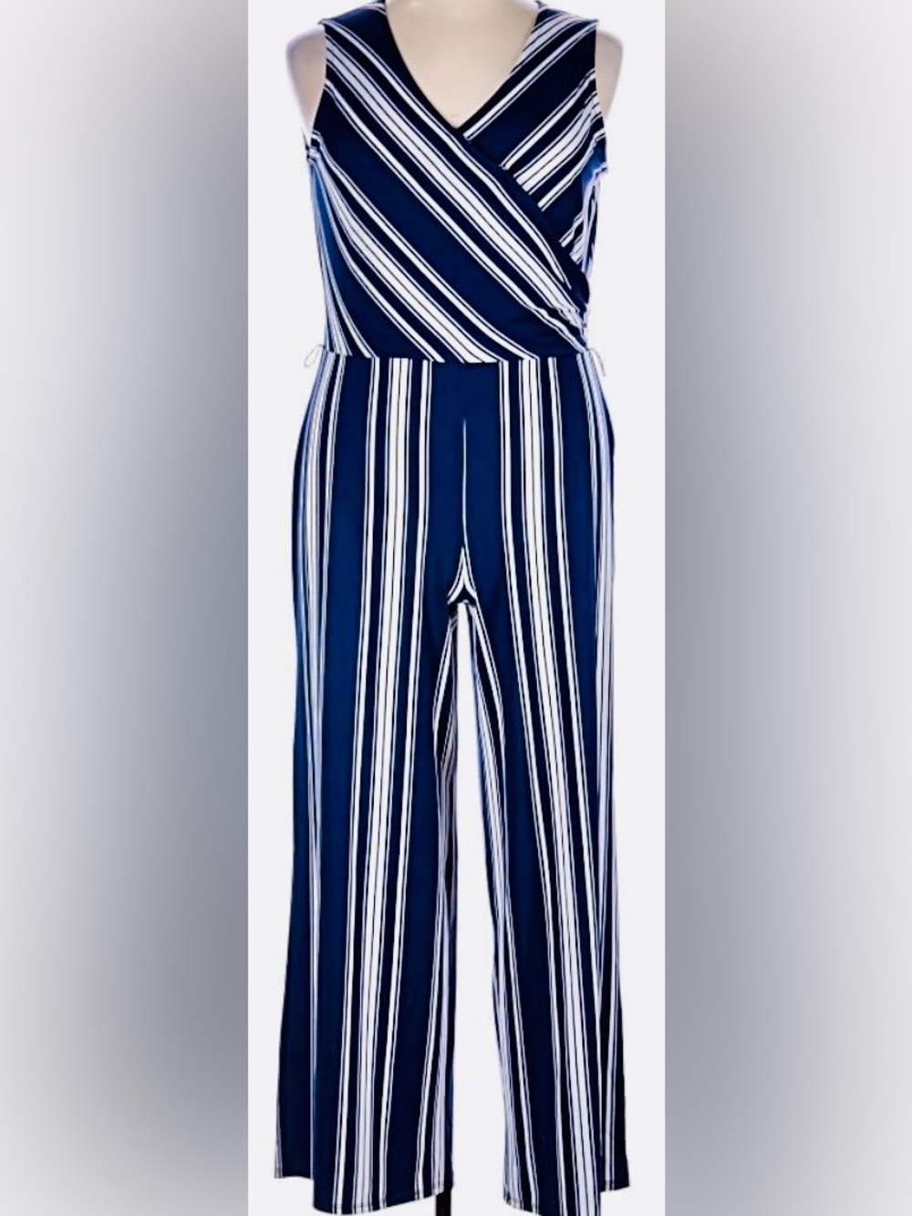 Nina Leonard Navy and White Vertical-Stripe Jumpsuit